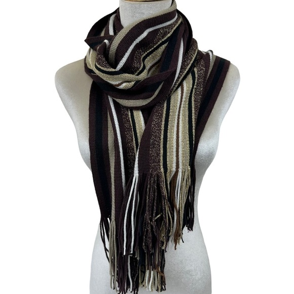 Brown Gold Metallic Strip Knit Scarf - Picture 3 of 11